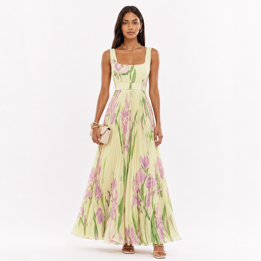 Pleated Floral Square Neck Maxi Dress
