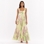 Pleated Floral Square Neck Maxi Dress