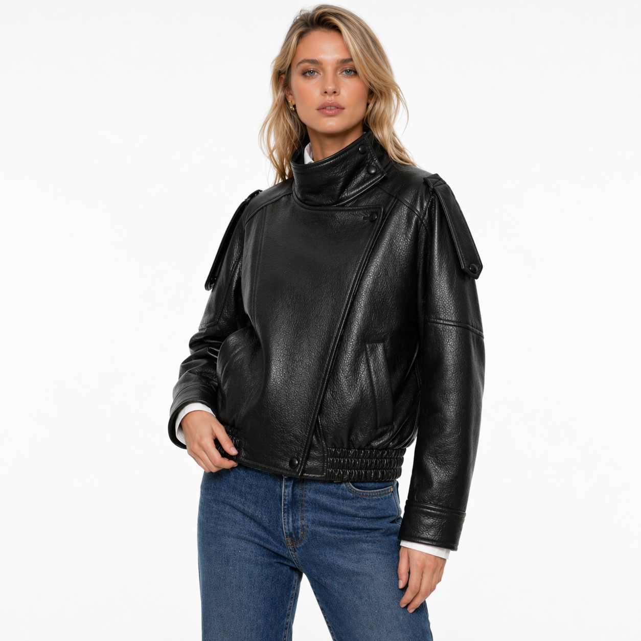 Oversized Faux Leather Button Jacket