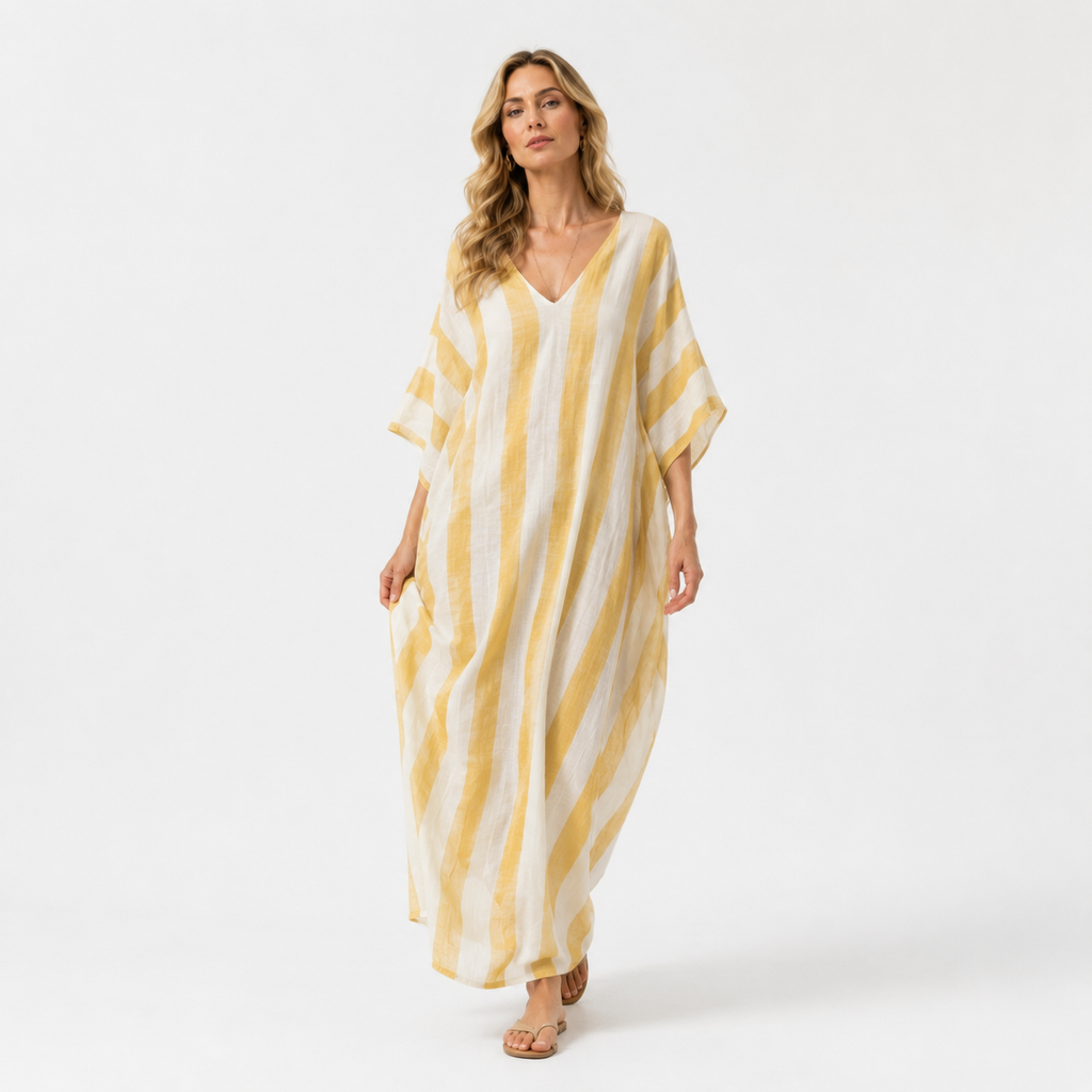 V-Neck Striped Trumpet Sleeve Maxi Kaftan