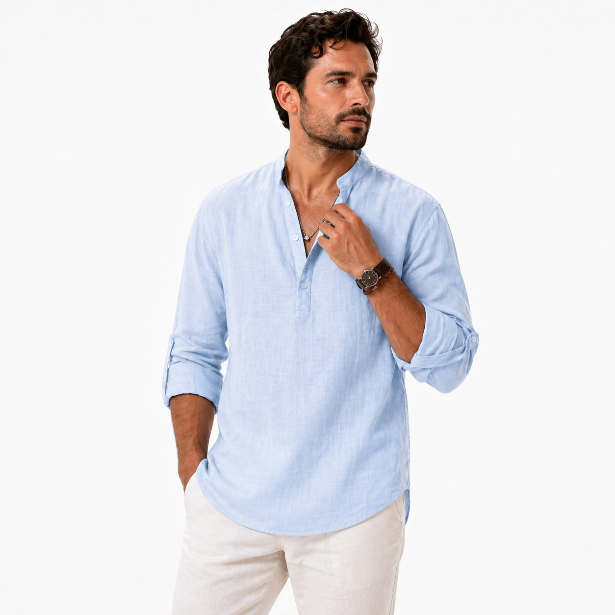 Linen Cotton High Collar Long Sleeve Shirt