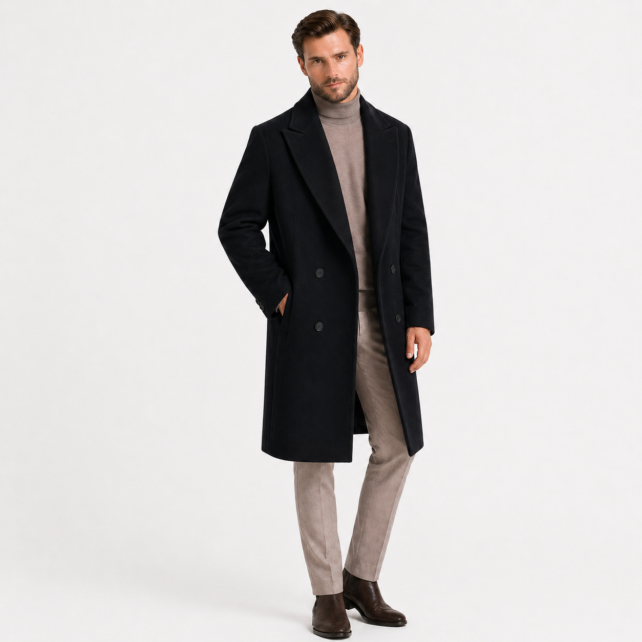 Double Breasted Mid Length Brushed Fabric Overcoat