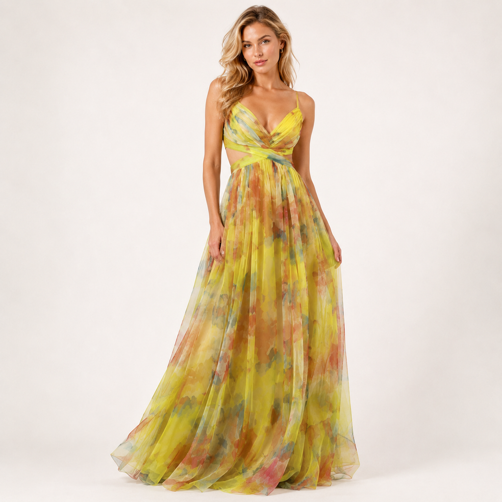 Off-Shoulder Pleated Mesh Maxi Dress