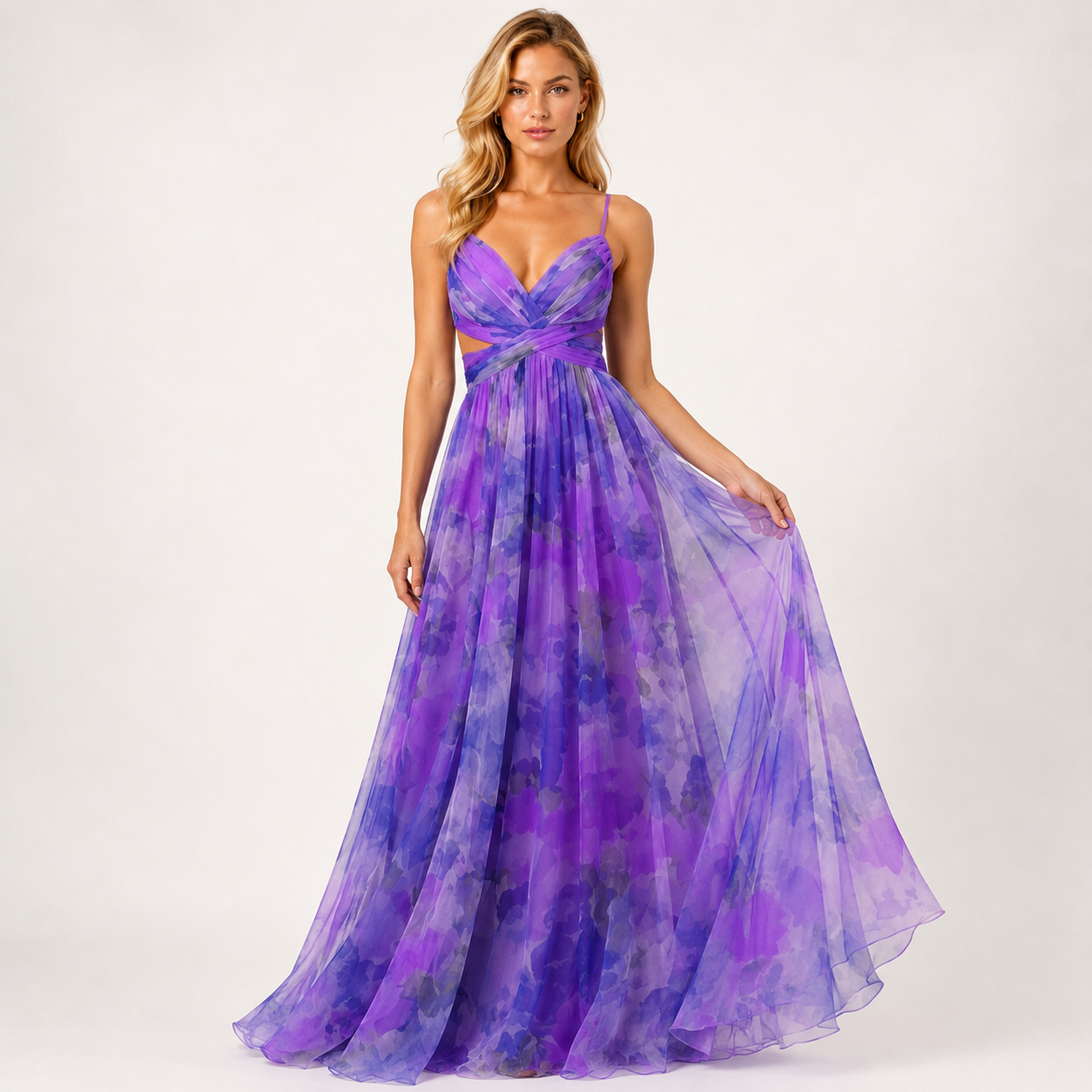 Off-Shoulder Pleated Mesh Maxi Dress