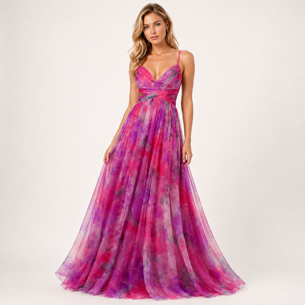 Off-Shoulder Pleated Mesh Maxi Dress