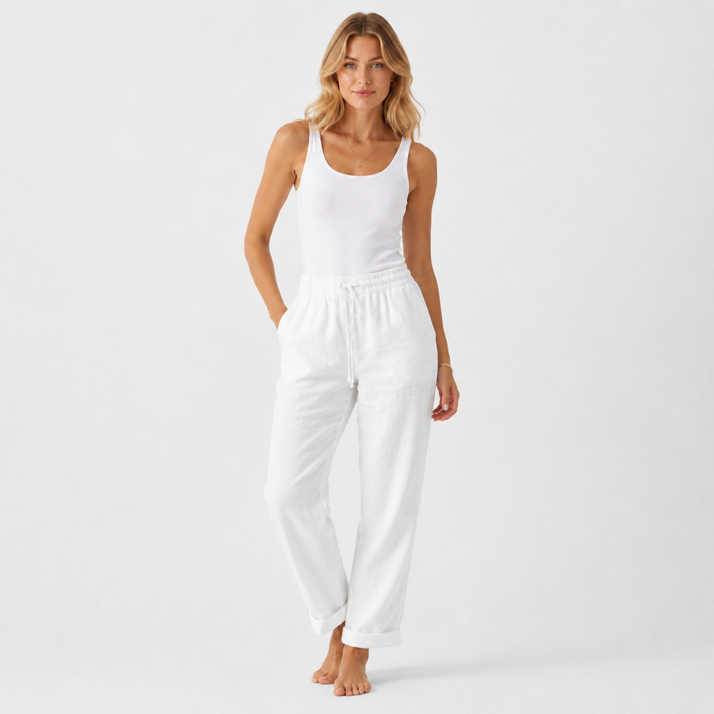 High Waist Cotton Blend Trousers