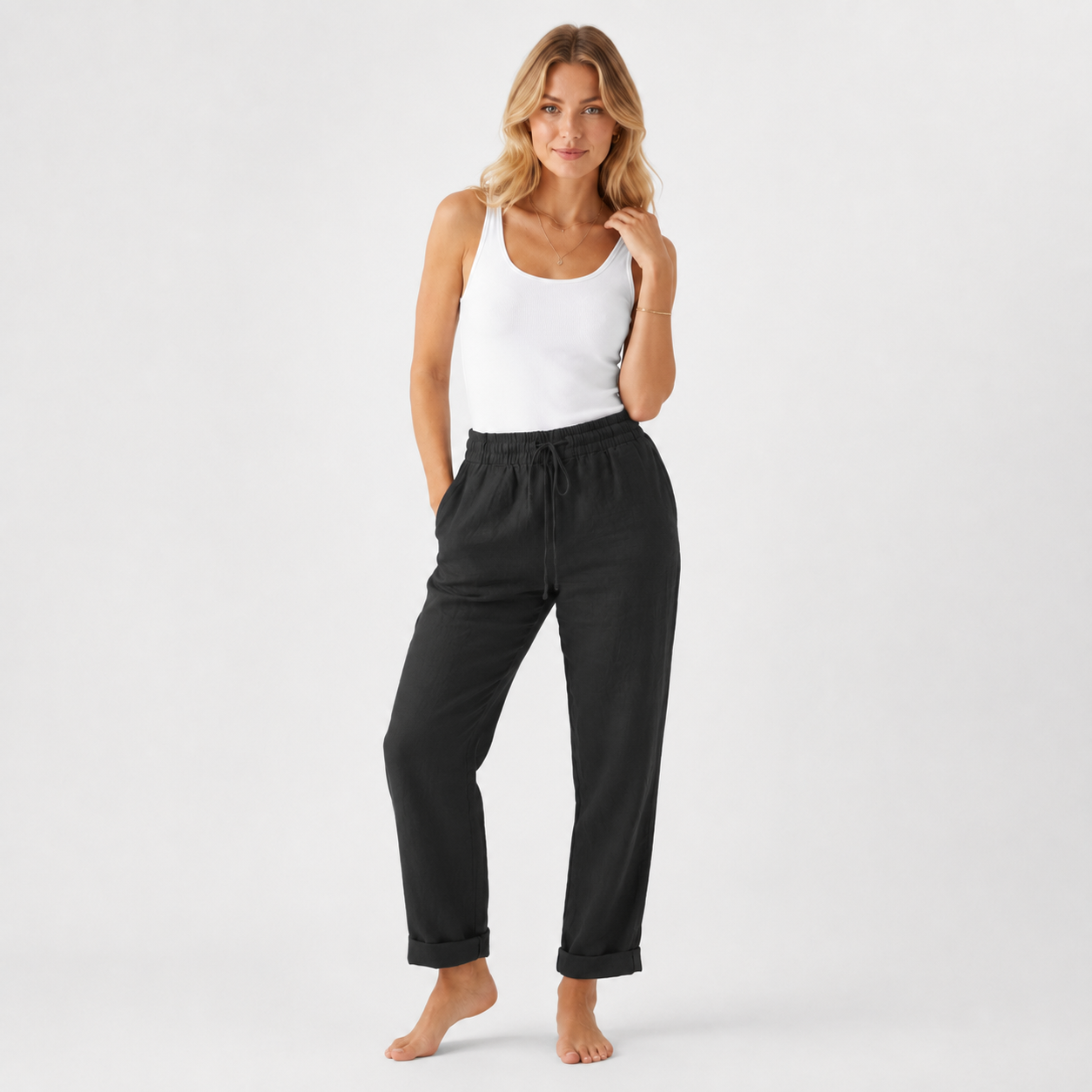 High Waist Cotton Blend Trousers