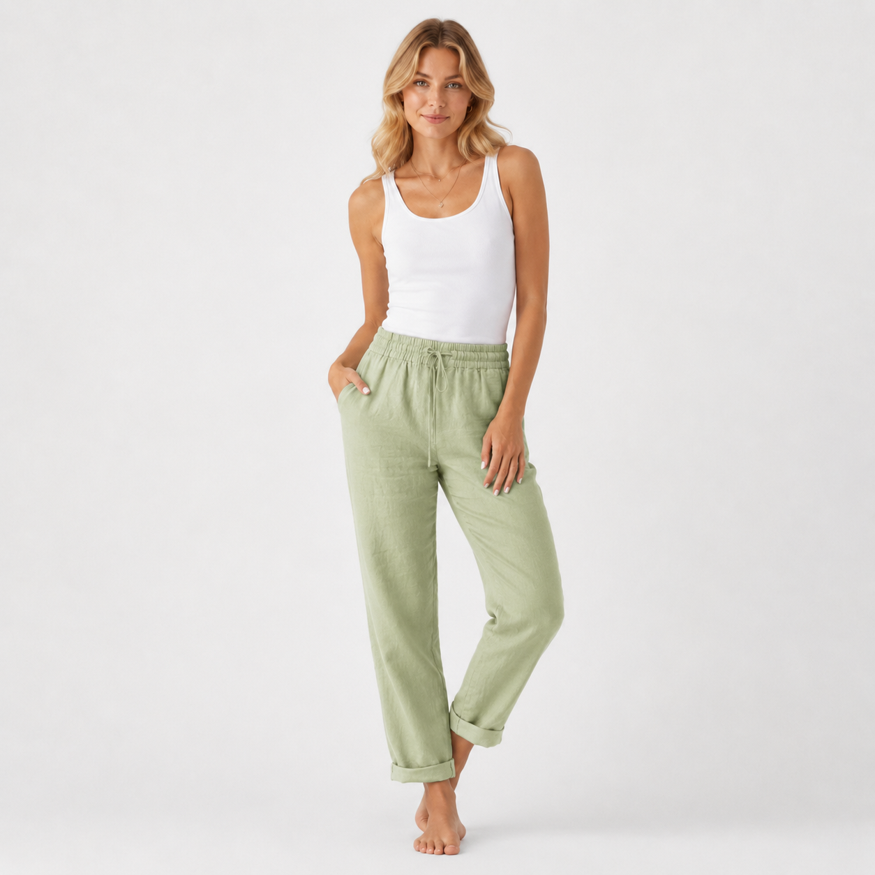High Waist Cotton Blend Trousers