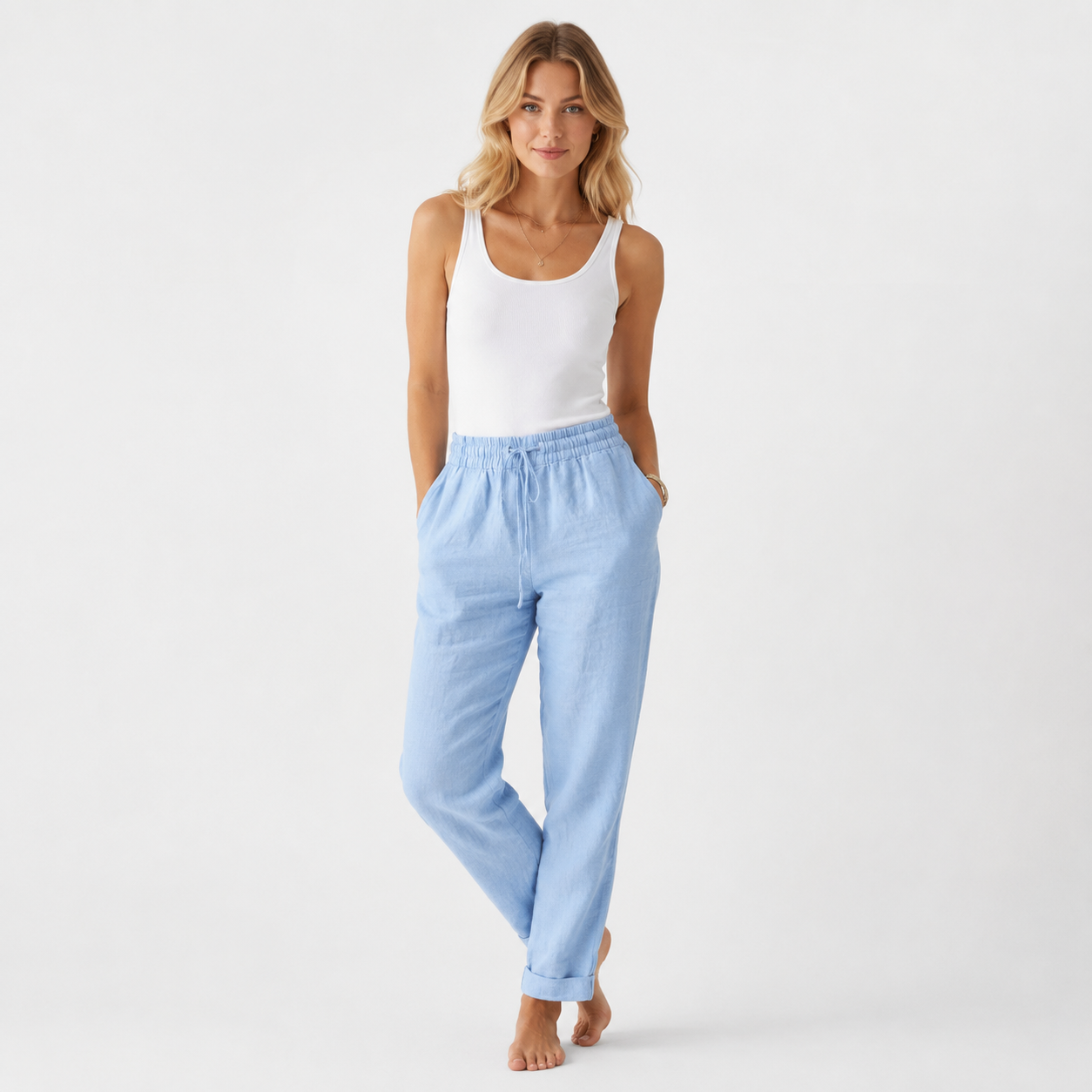 High Waist Cotton Blend Trousers