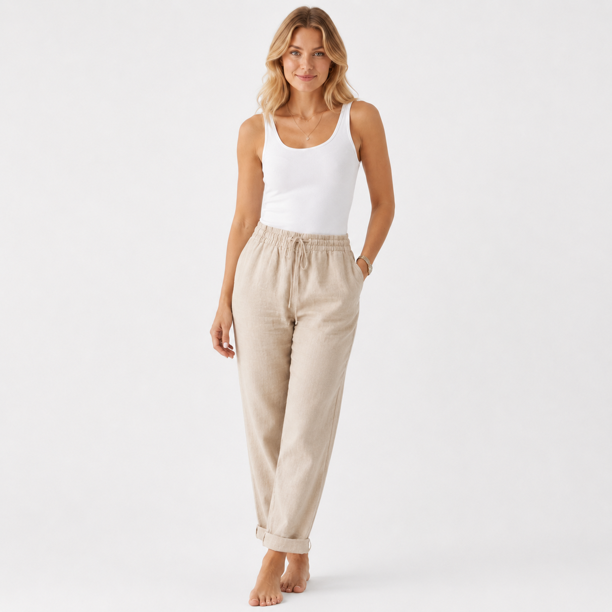 High Waist Cotton Blend Trousers
