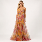Off-Shoulder Pleated Mesh Maxi Dress