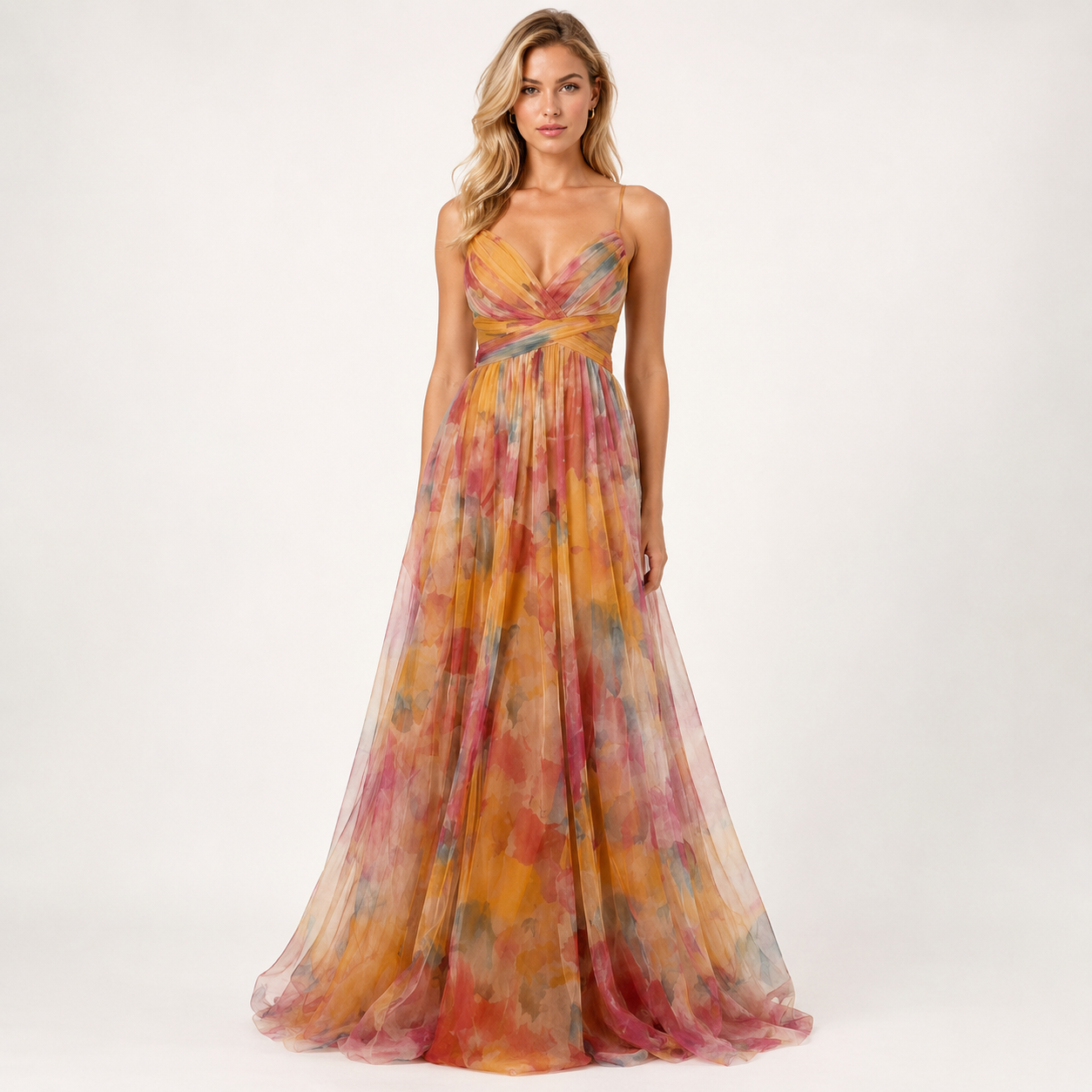 Off-Shoulder Pleated Mesh Maxi Dress