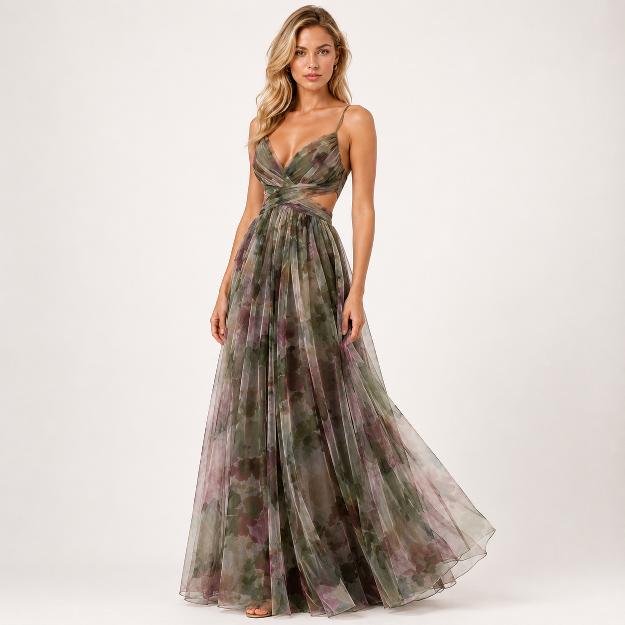 Off-Shoulder Pleated Mesh Maxi Dress