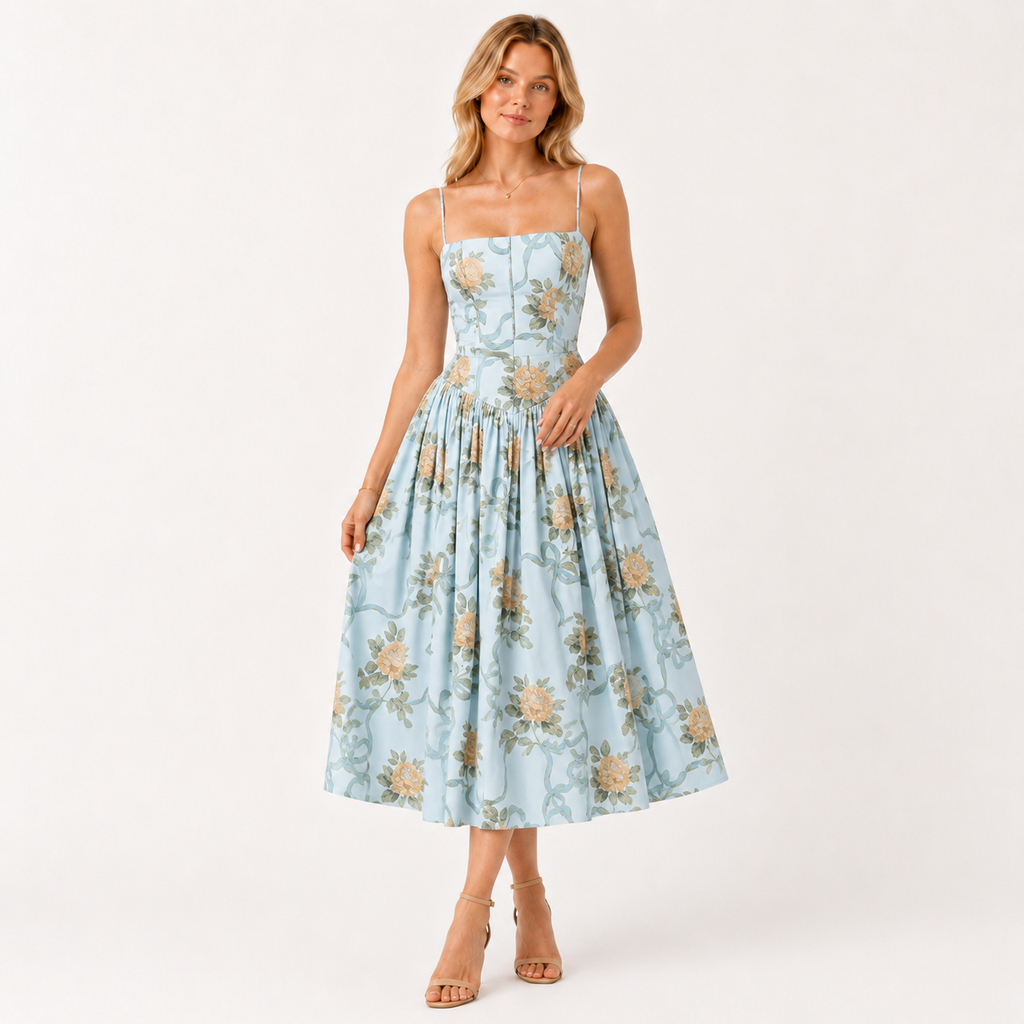Puff Sleeve Floral Print Midi Dress