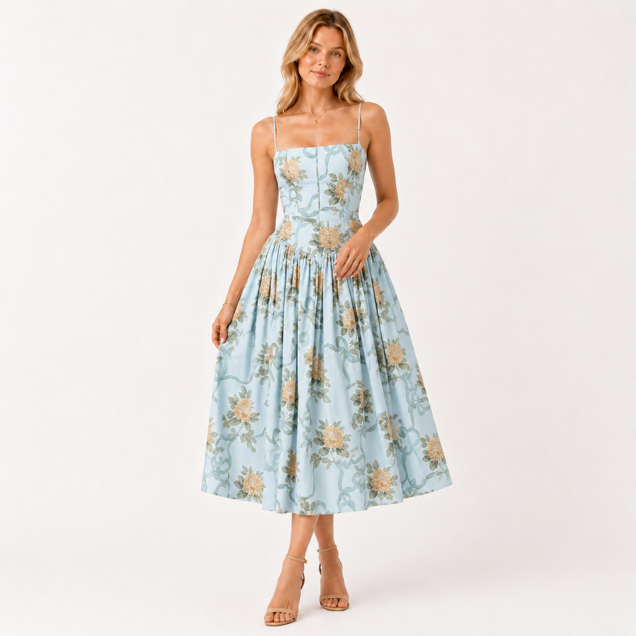 Puff Sleeve Floral Print Midi Dress