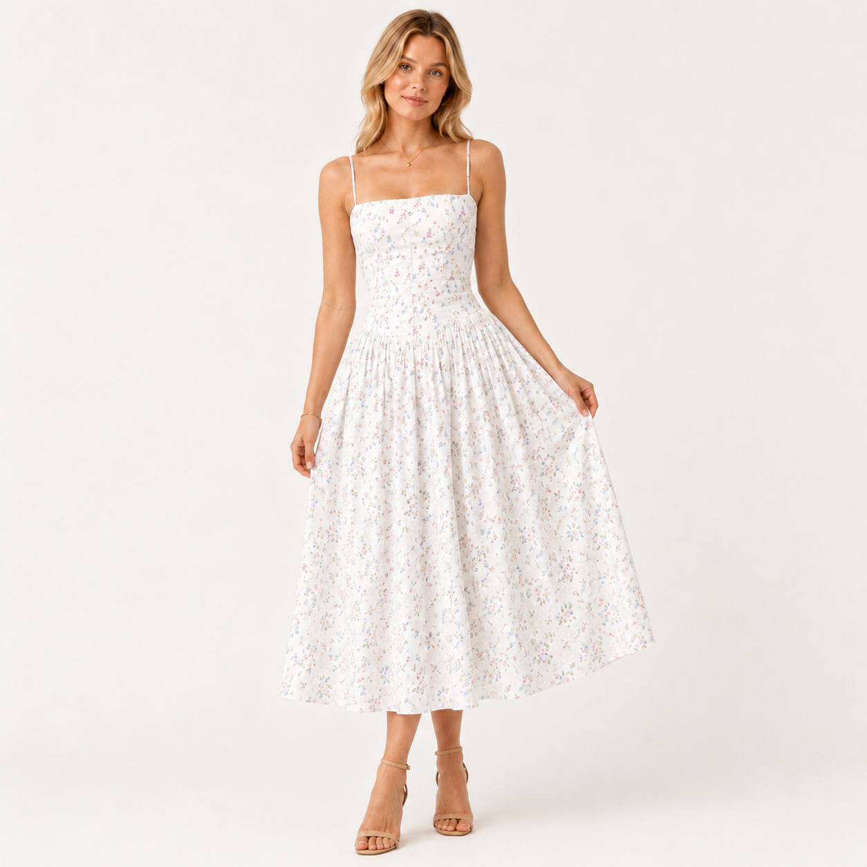 Puff Sleeve Floral Print Midi Dress