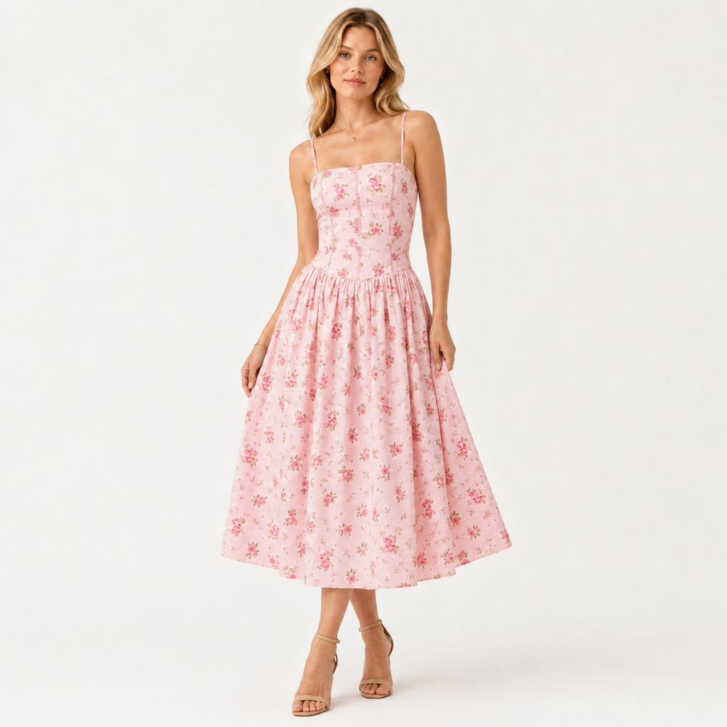 Puff Sleeve Floral Print Midi Dress
