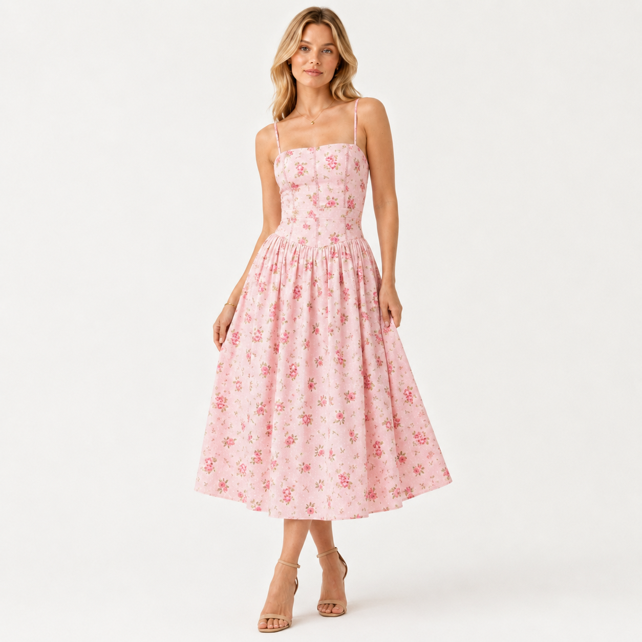 Puff Sleeve Floral Print Midi Dress