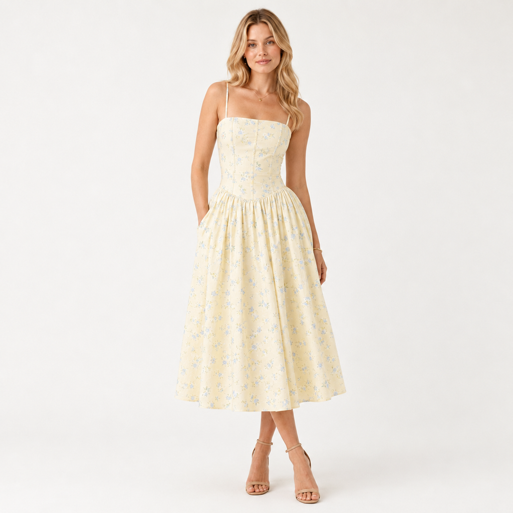 Puff Sleeve Floral Print Midi Dress
