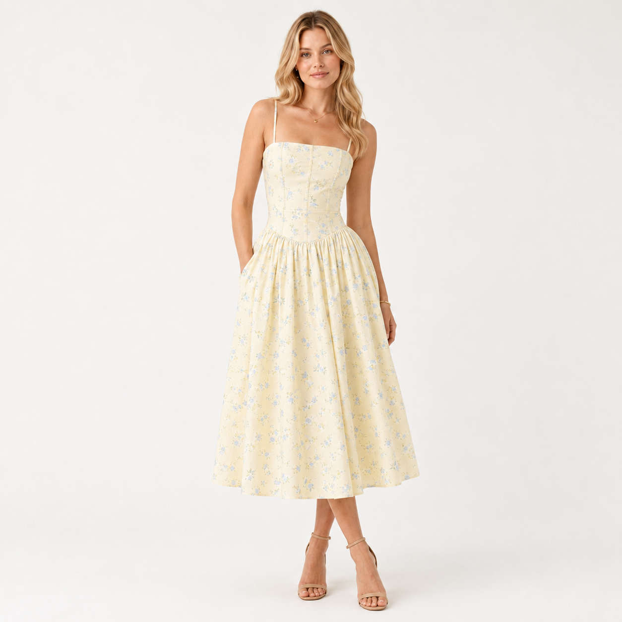 Puff Sleeve Floral Print Midi Dress