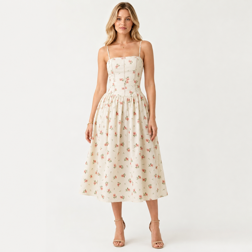 Puff Sleeve Floral Print Midi Dress