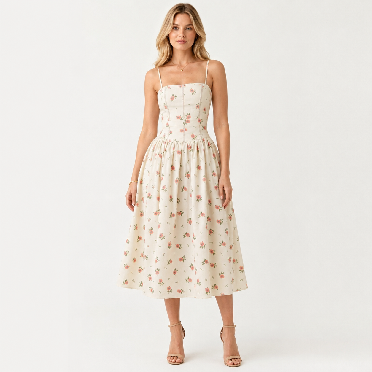 Puff Sleeve Floral Print Midi Dress