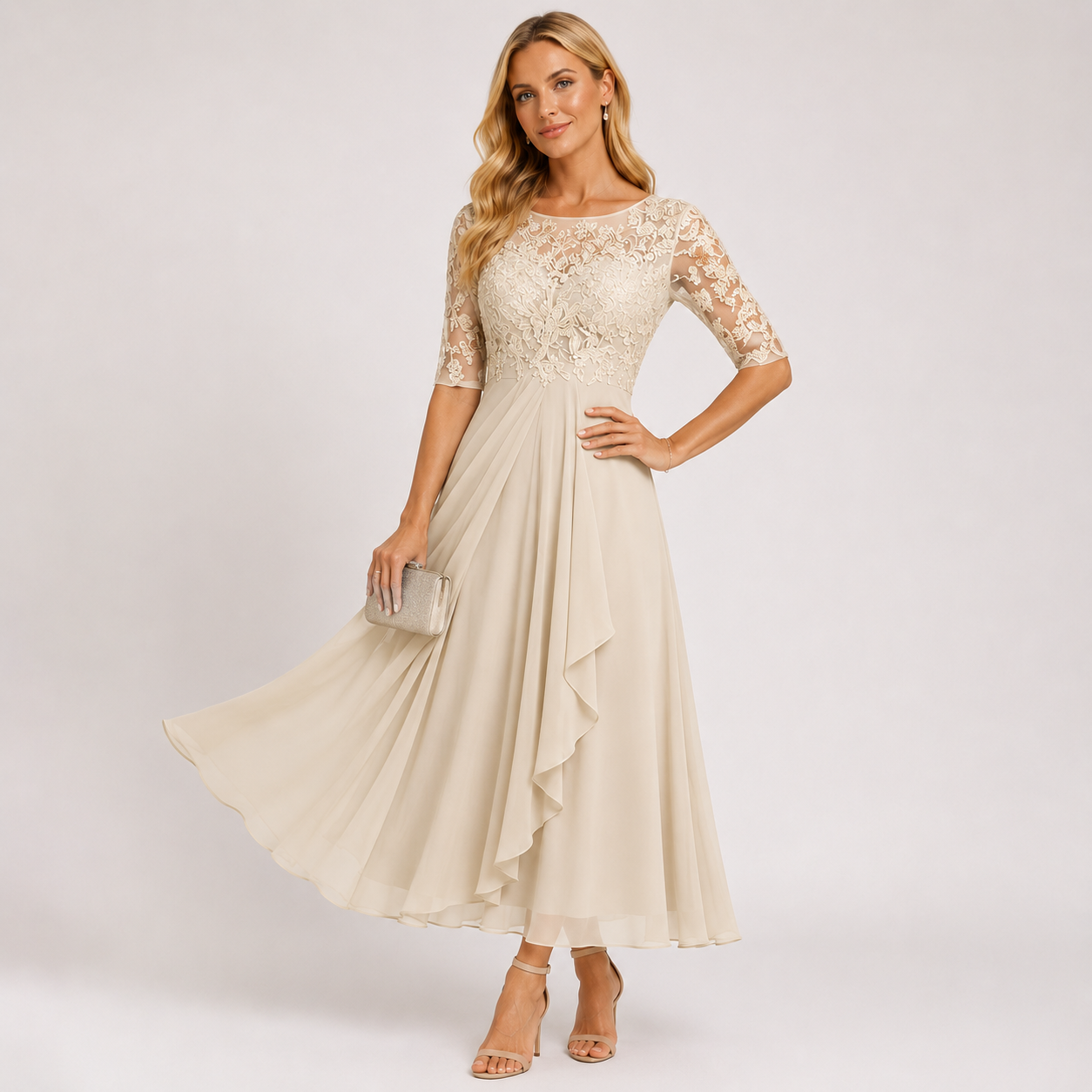 Embroidered Lace Chiffon Midi Dress