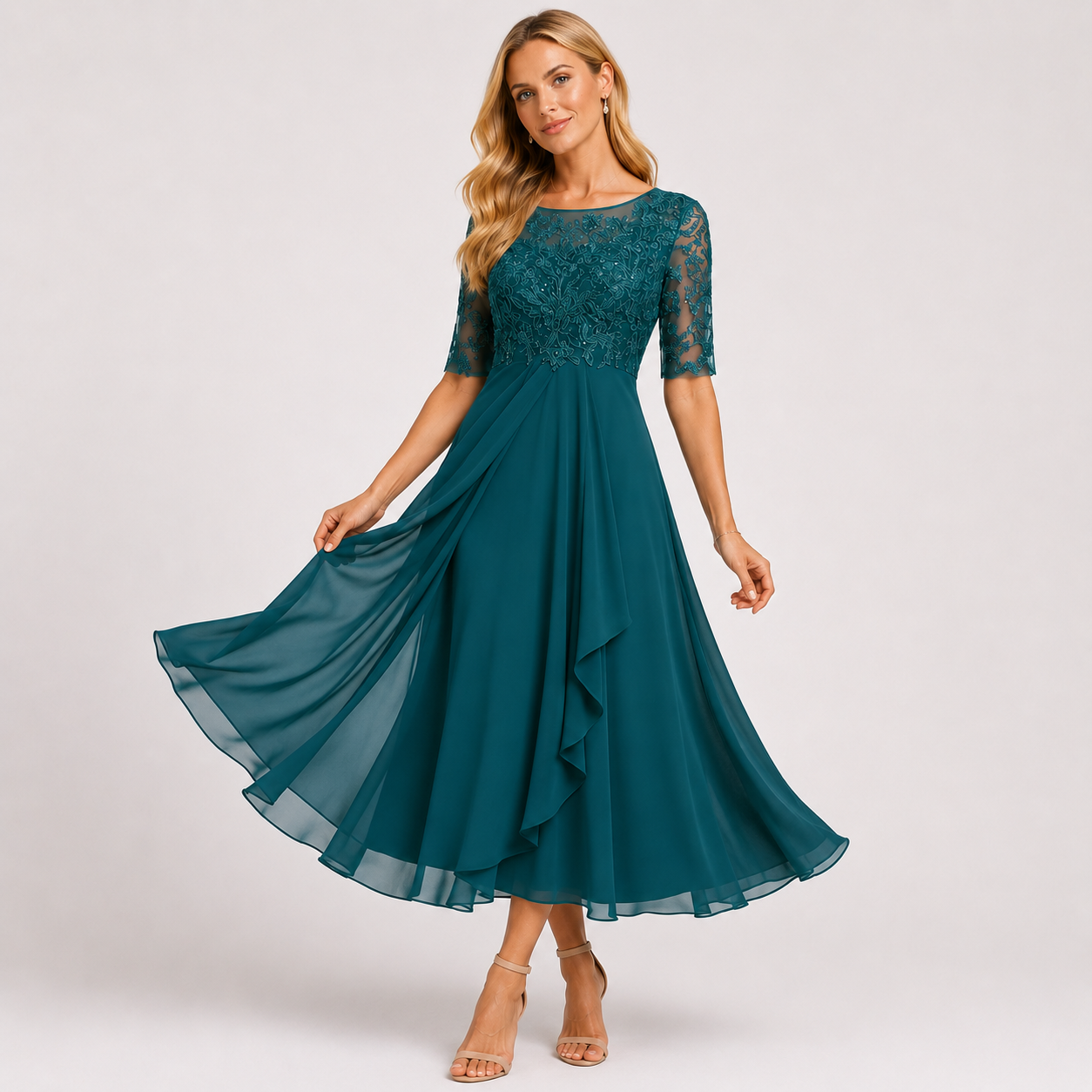 Embroidered Lace Chiffon Midi Dress