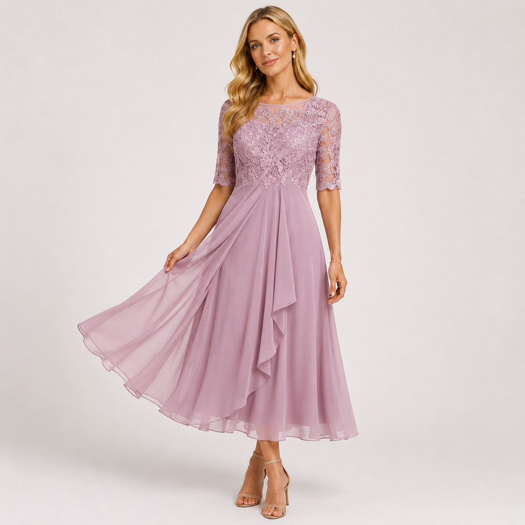 Embroidered Lace Chiffon Midi Dress