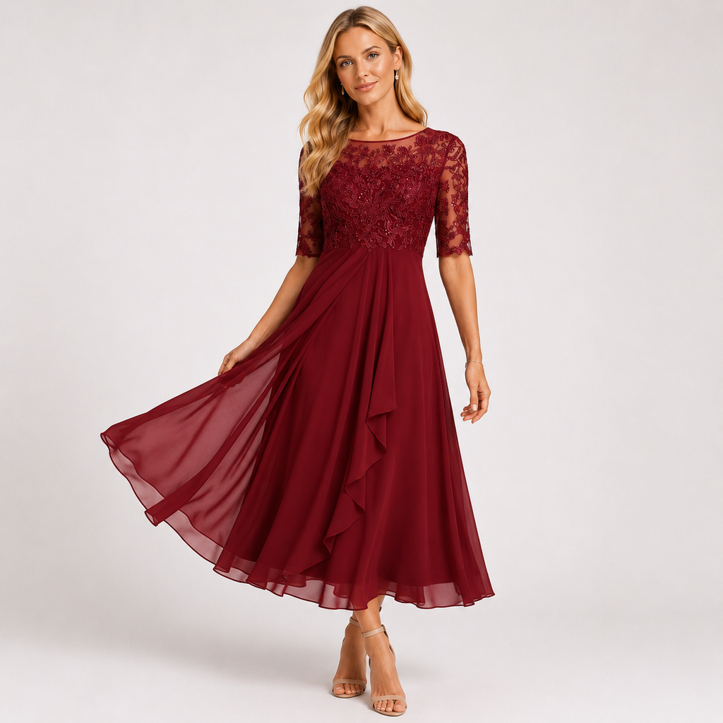 Embroidered Lace Chiffon Midi Dress
