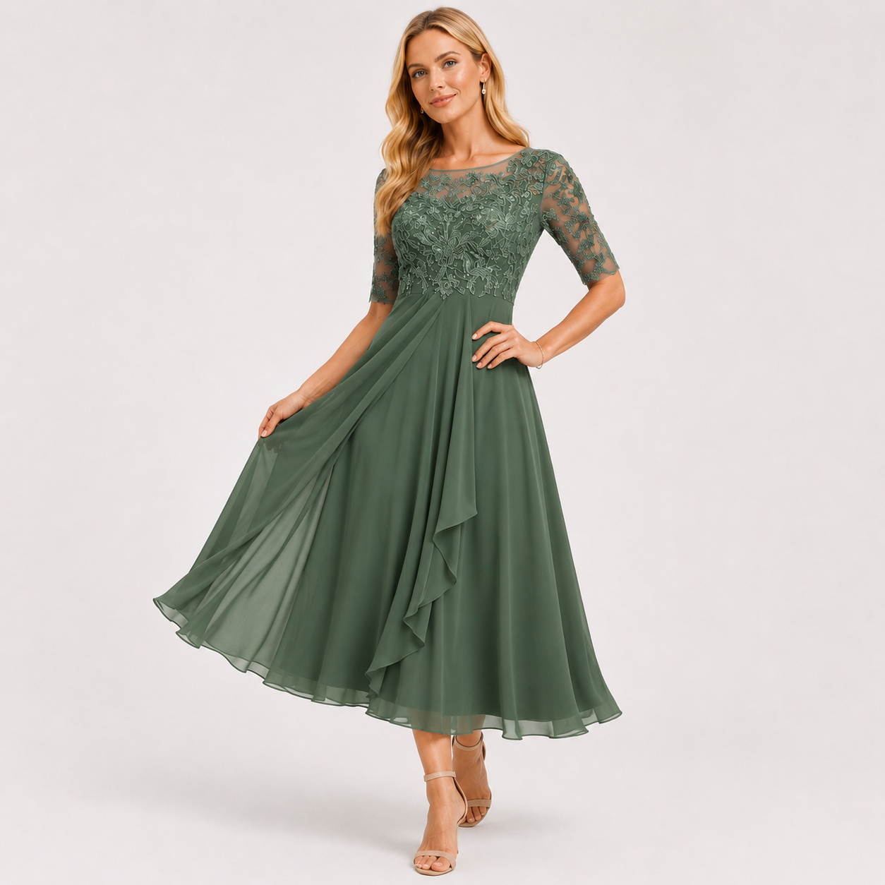 Embroidered Lace Chiffon Midi Dress