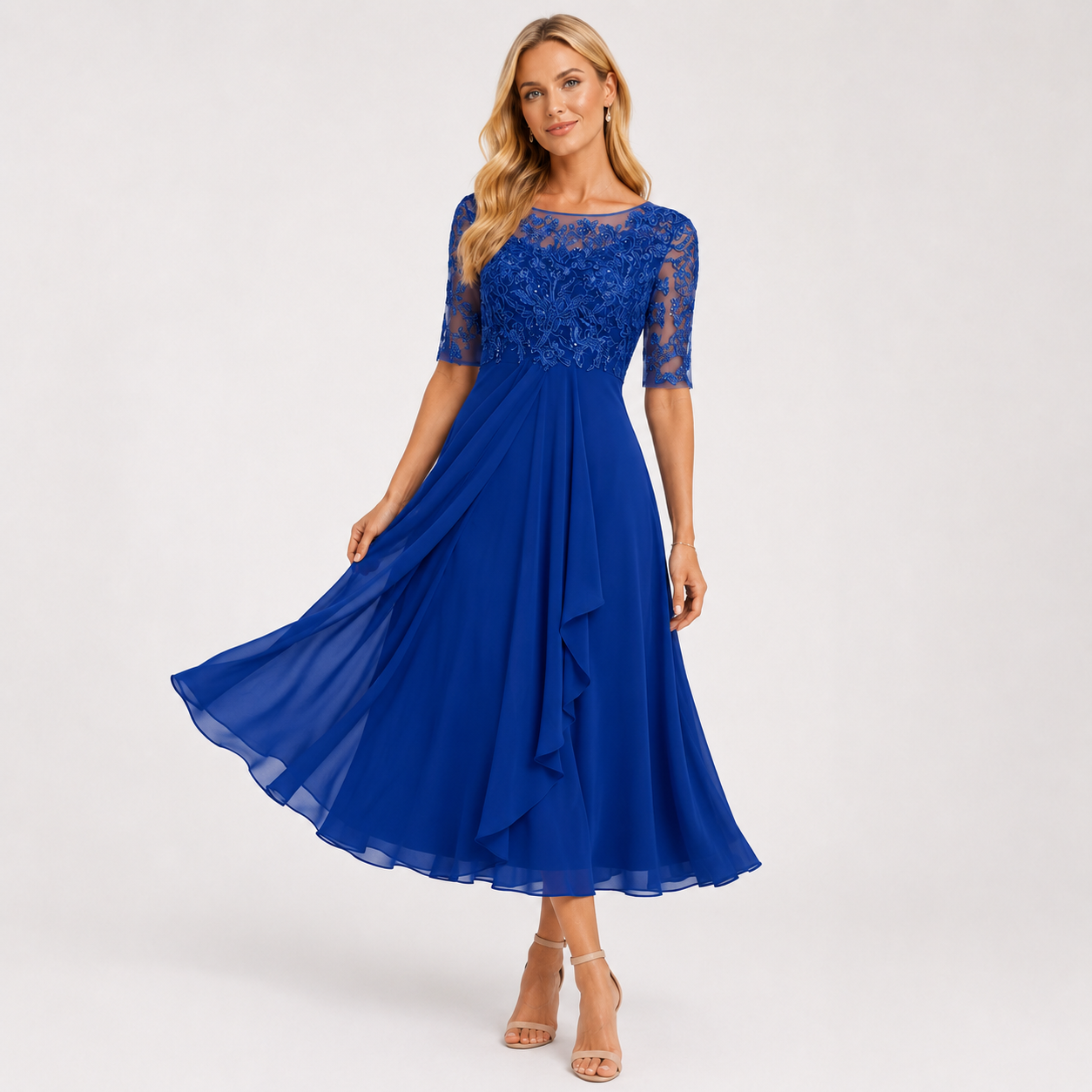 Embroidered Lace Chiffon Midi Dress