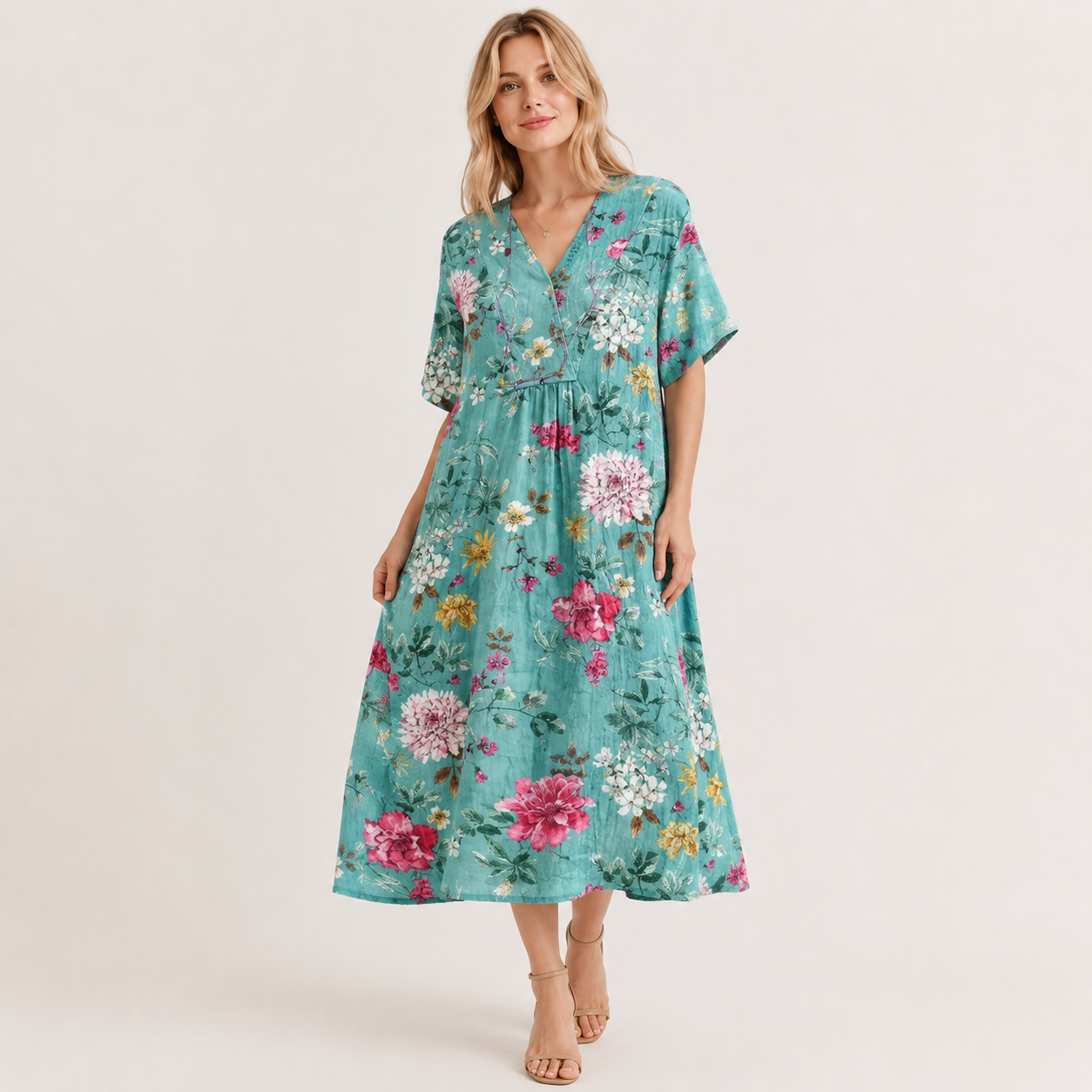 Short Sleeve Floral Midi Dress