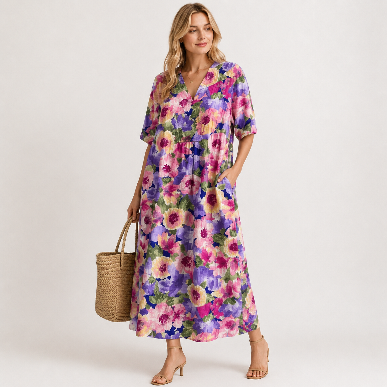 Short Sleeve Floral Midi Dress