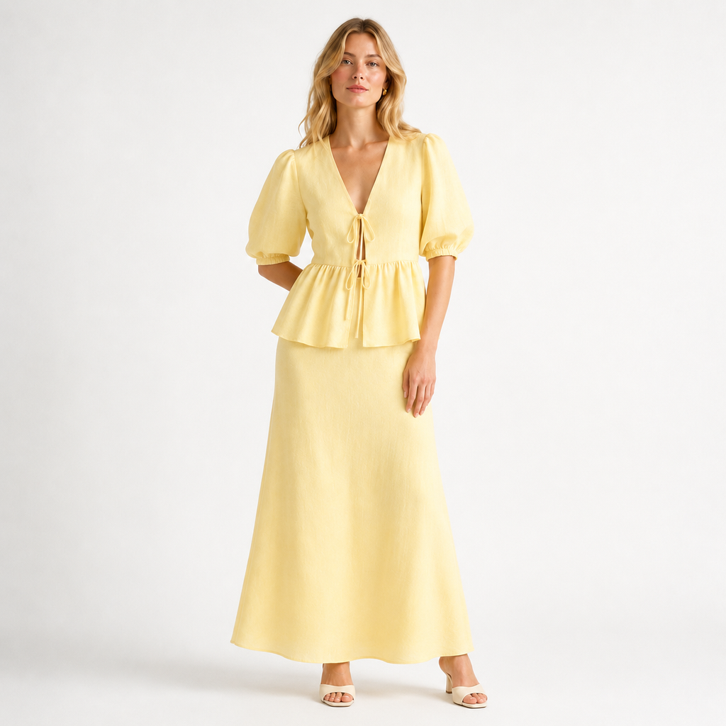 V Neck Lace Up Bubble Sleeve Blouse