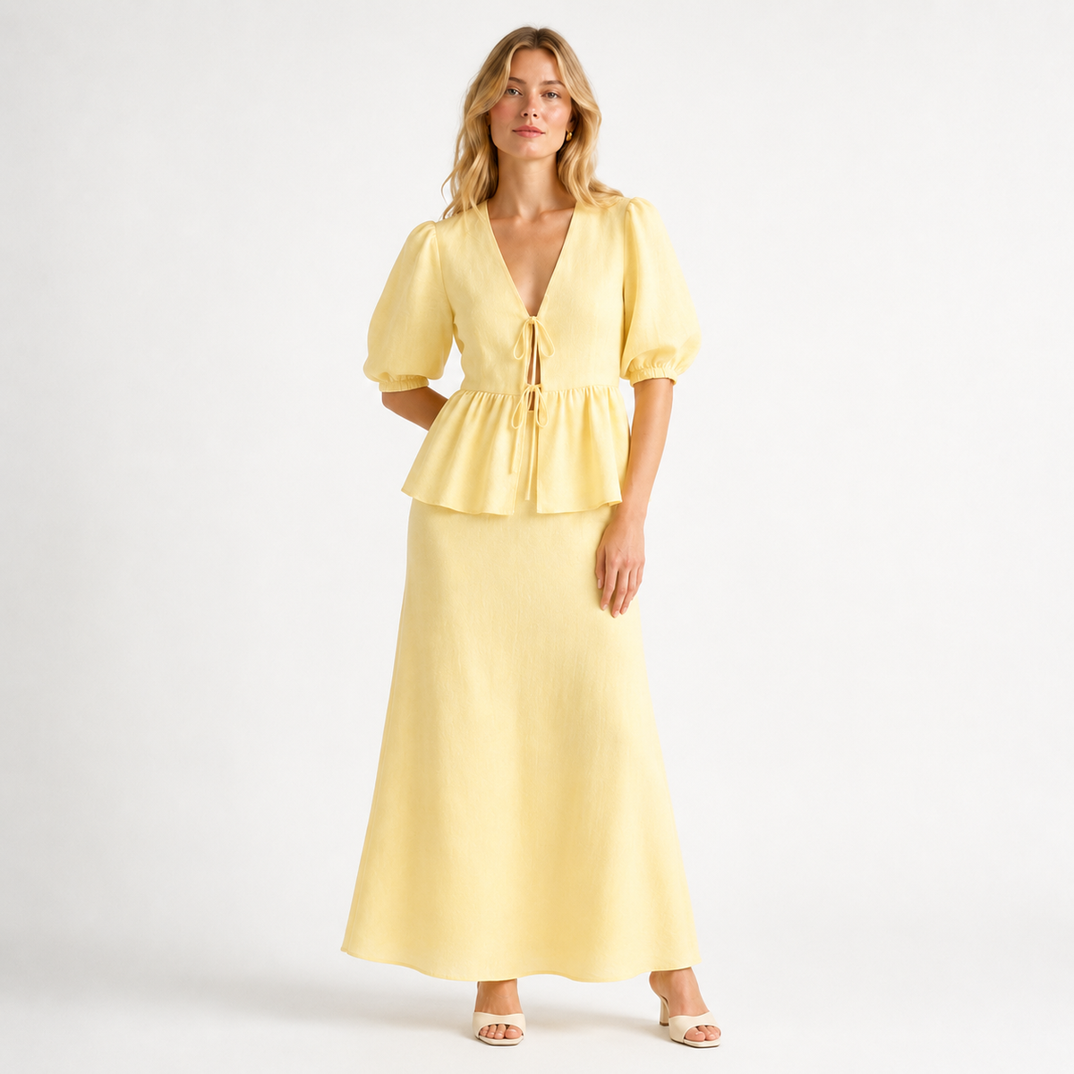 V Neck Lace Up Bubble Sleeve Blouse