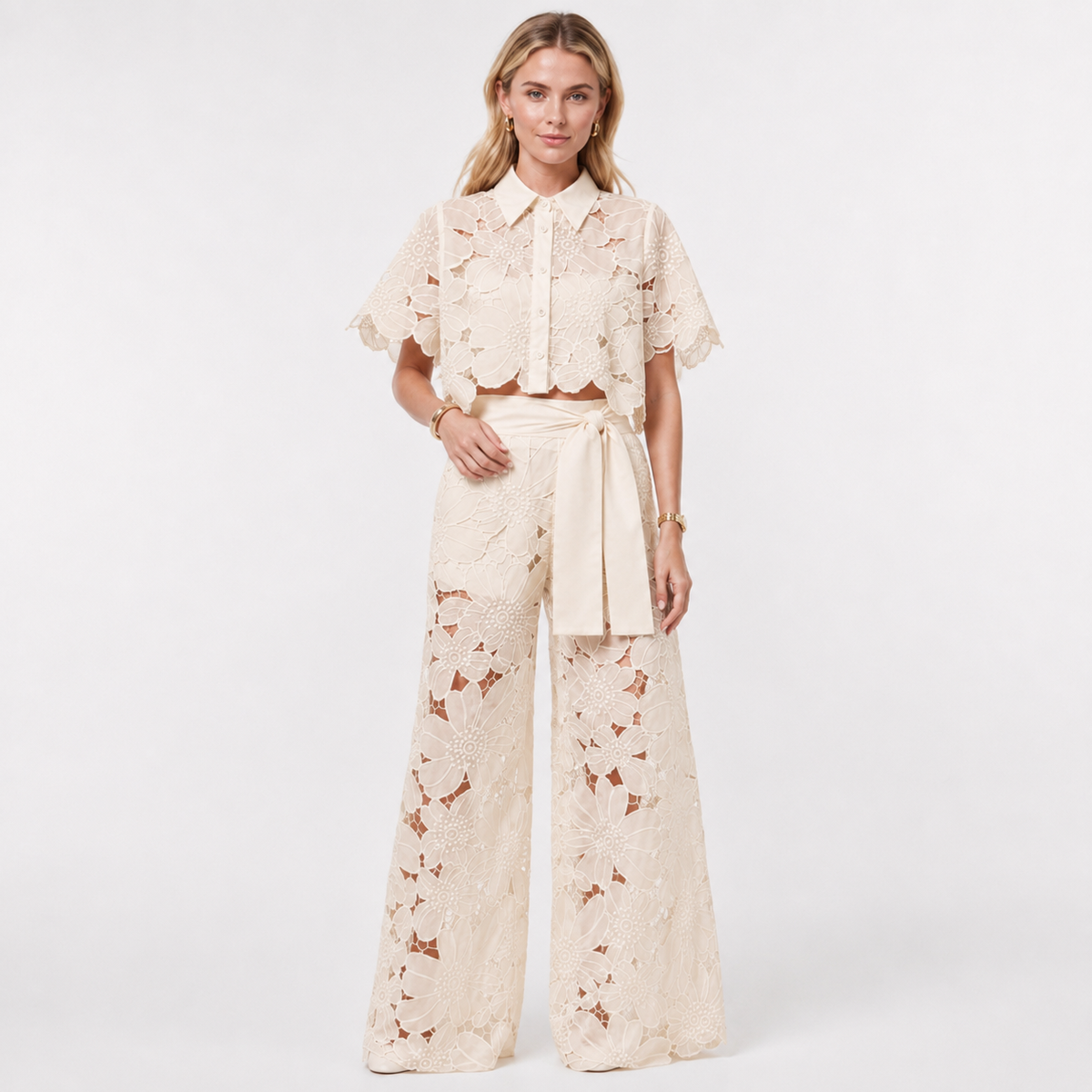 Lace Top and Wide Leg Trouser Set