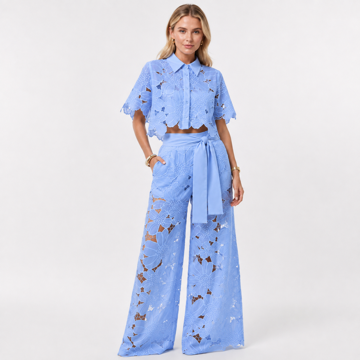 Lace Top and Wide Leg Trouser Set