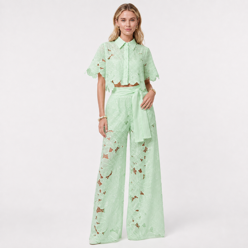 Lace Top and Wide Leg Trouser Set