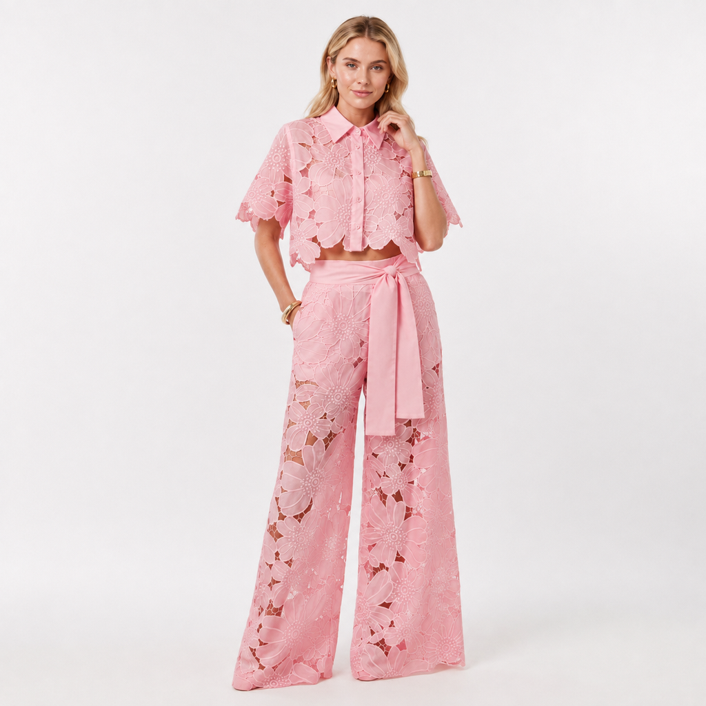 Lace Top and Wide Leg Trouser Set