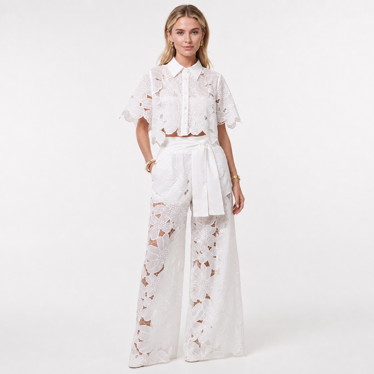Lace Top and Wide Leg Trouser Set