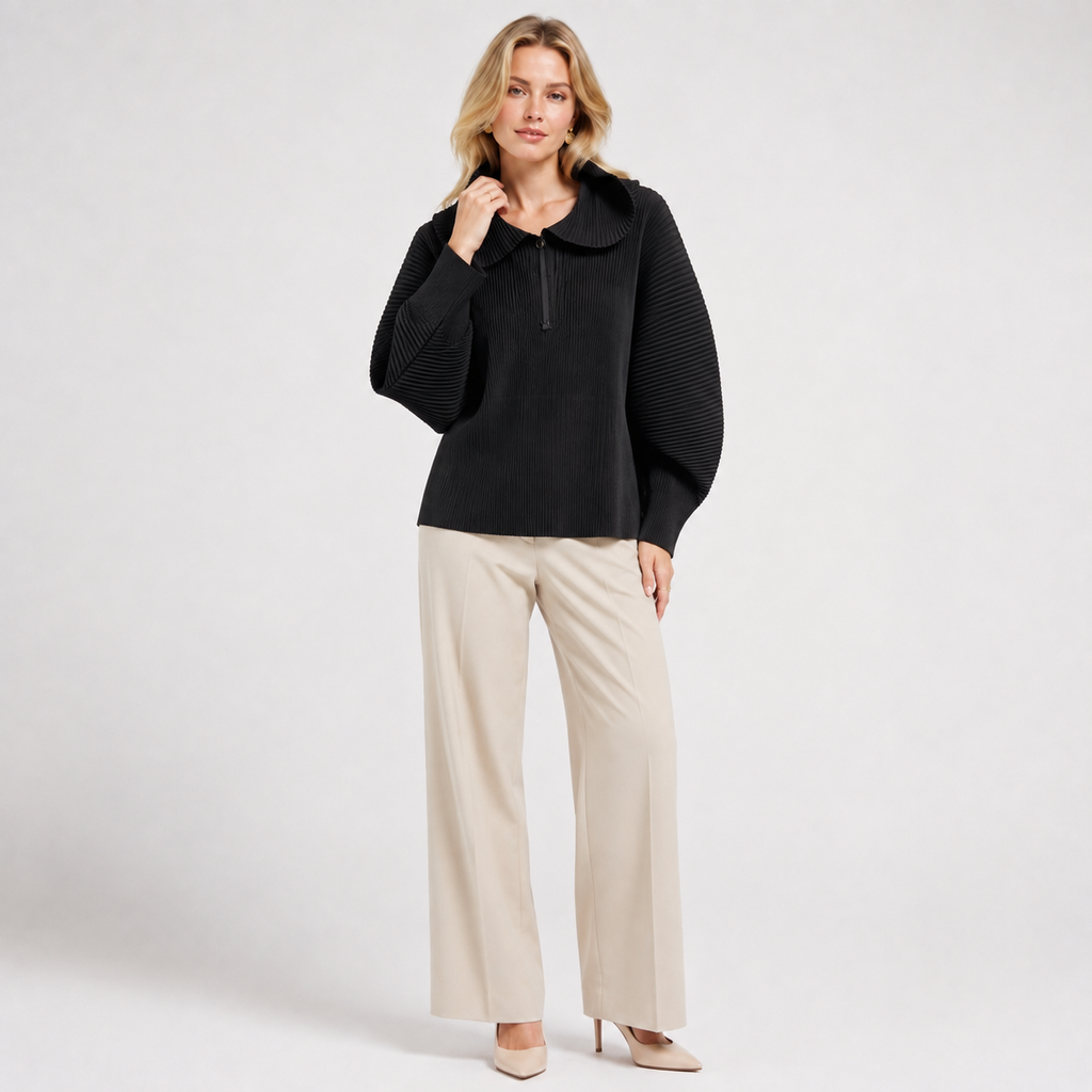 Pleated Stand Collar Zip Jacket