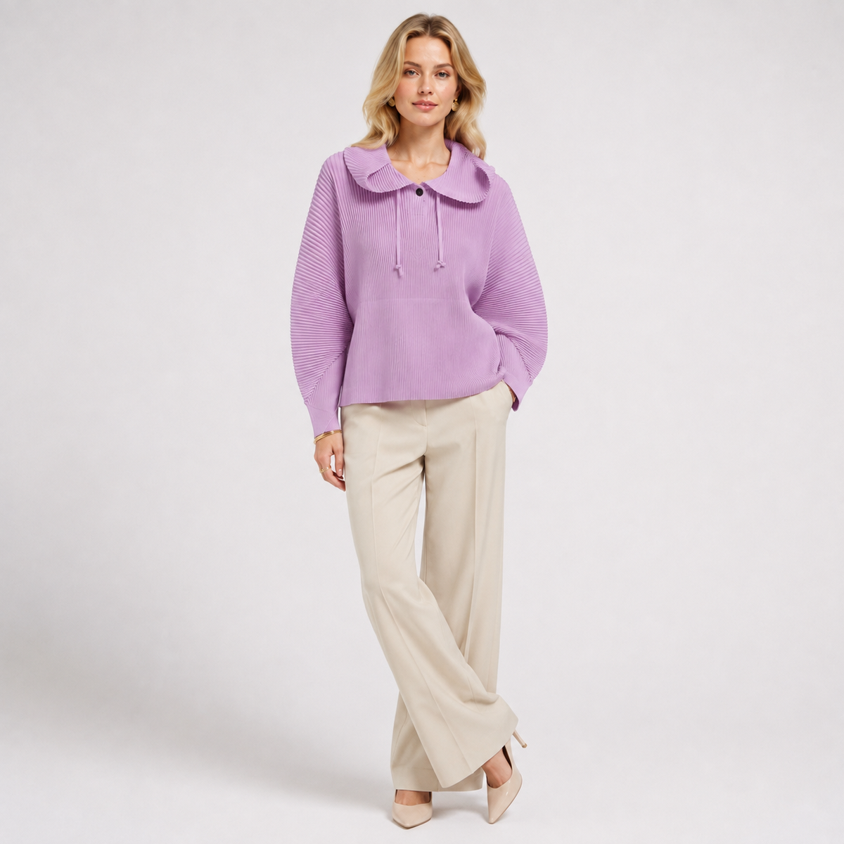 Pleated Stand Collar Zip Jacket