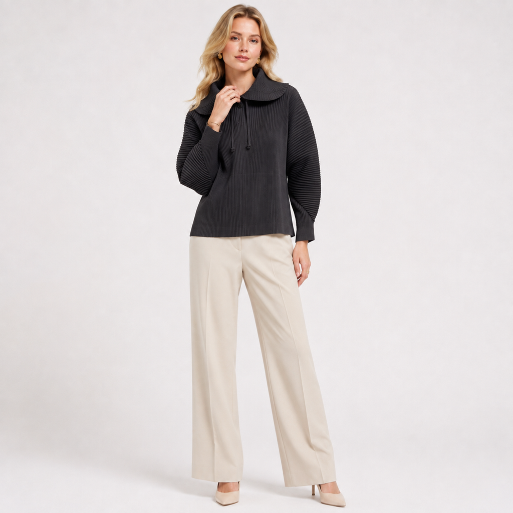 Pleated Stand Collar Zip Jacket