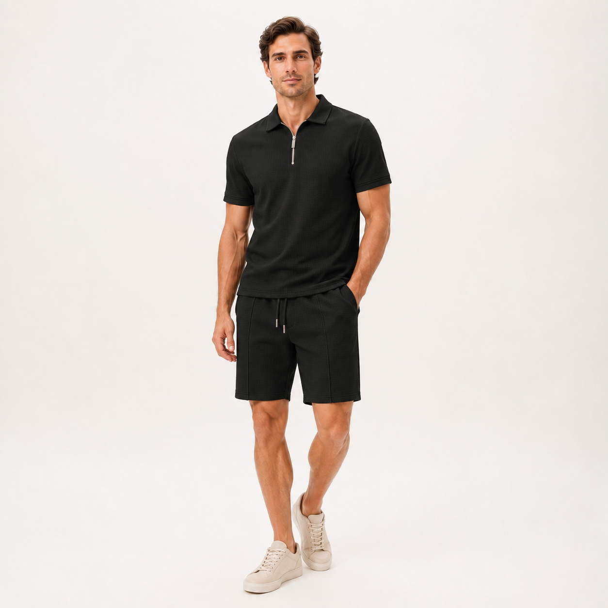 Zip Collar Waffle Polo and Shorts Set