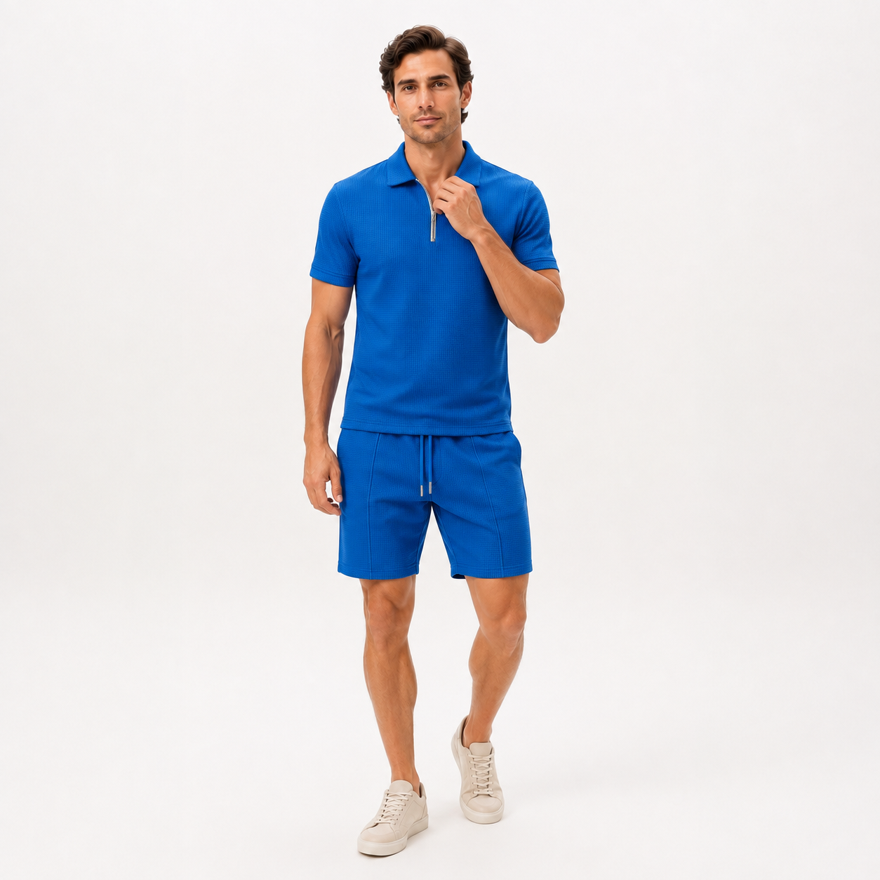 Zip Collar Waffle Polo and Shorts Set