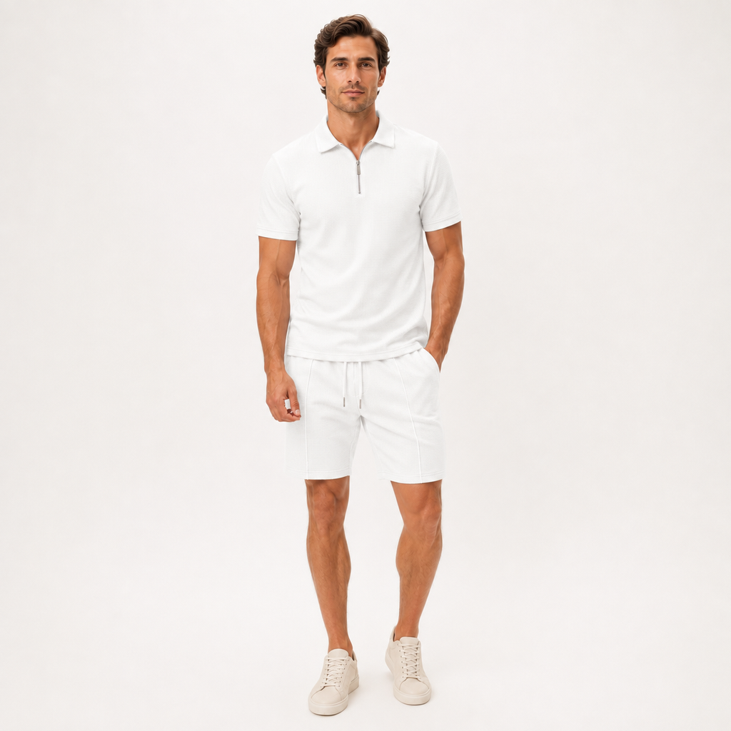 Zip Collar Waffle Polo and Shorts Set