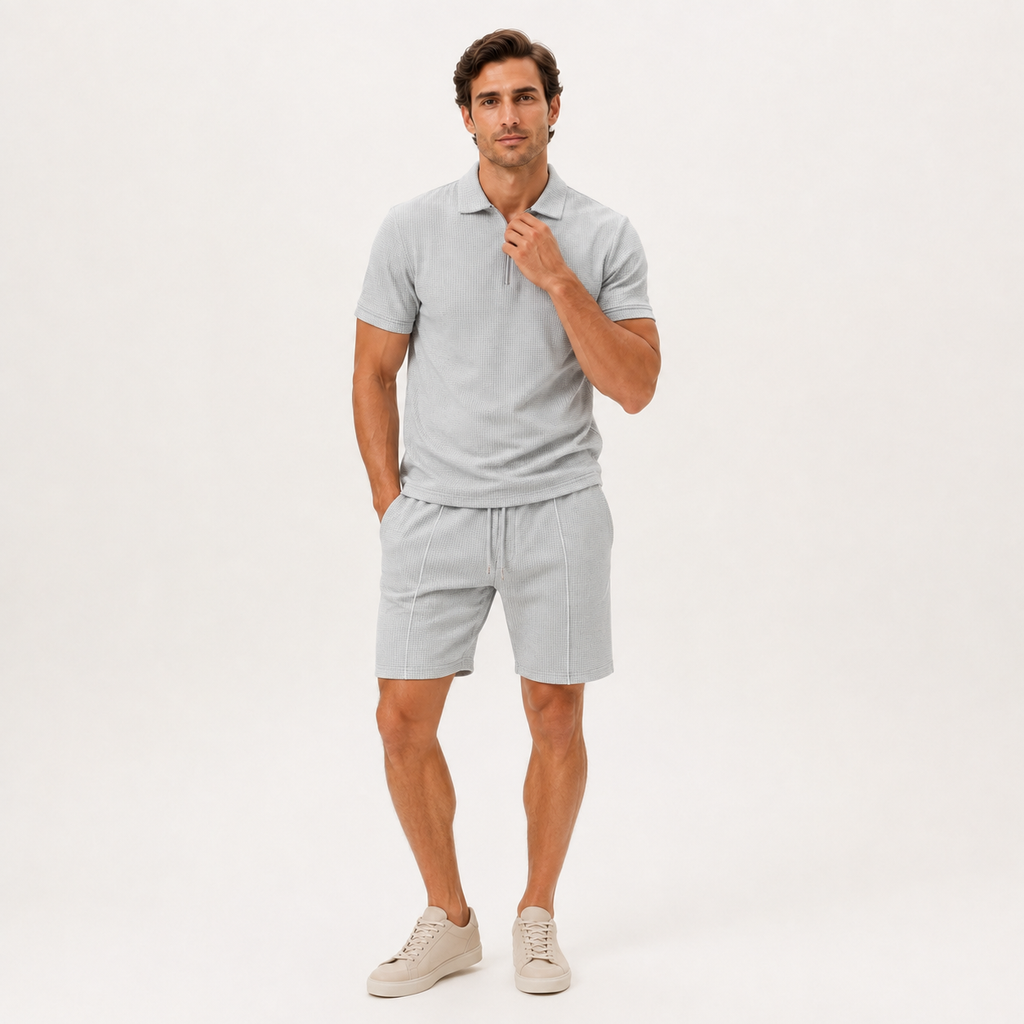 Zip Collar Waffle Polo and Shorts Set