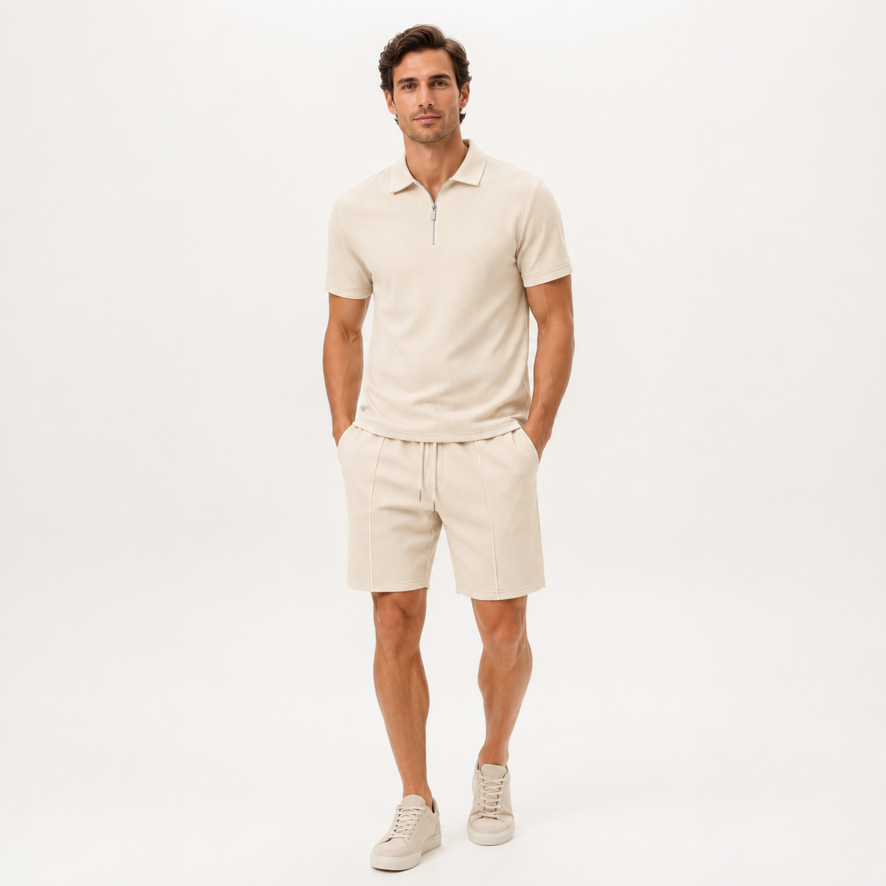 Zip Collar Waffle Polo and Shorts Set