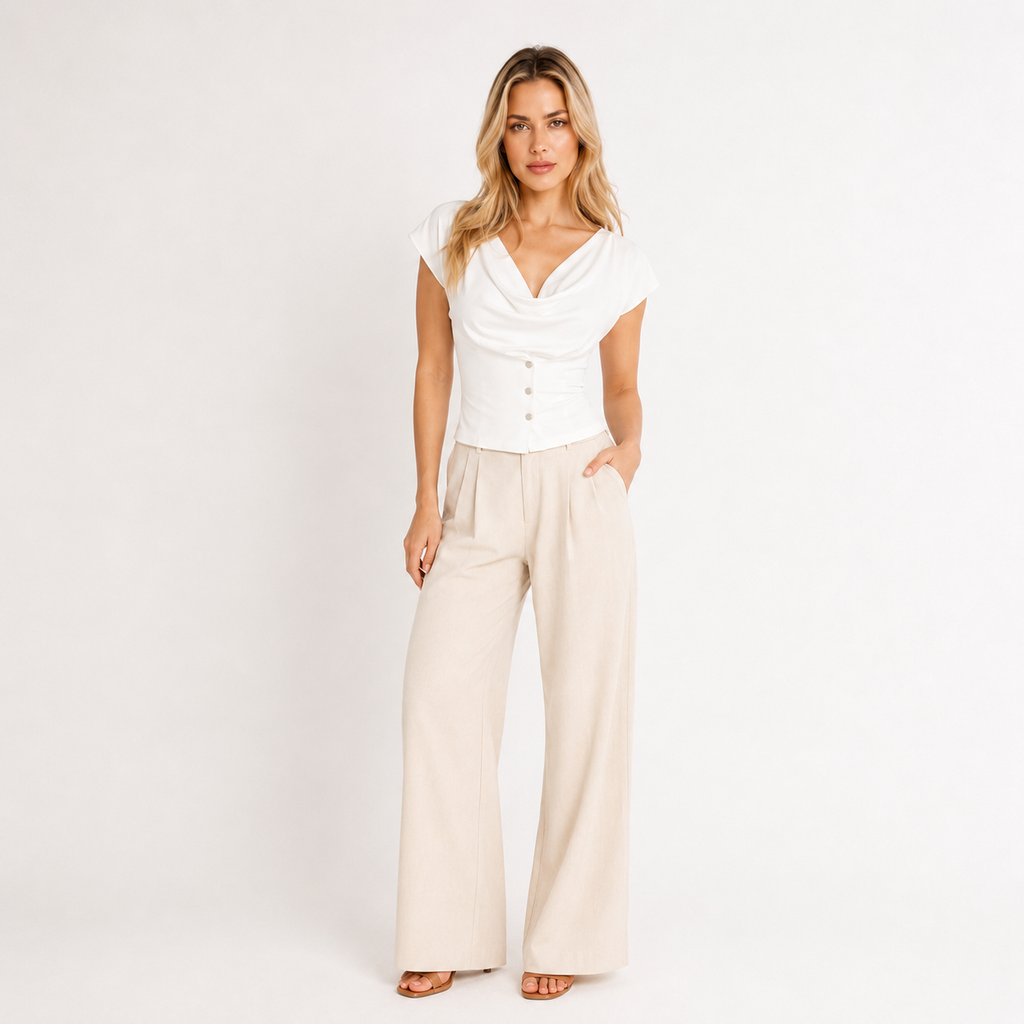 Button-Front Pleated V-Neck Top